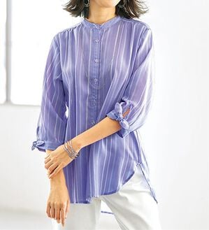 BELLUNA（ベルーナ）の「涼感やわらか袖リボンシャツチュニック（チュニック）」｜ブルー系ストライプ