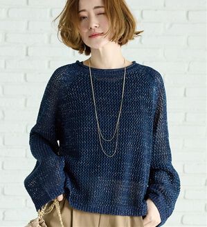 BELLUNA（ベルーナ）の「スパンコール付透かし編みニットプルオーバー（ニット・セーター）」｜ネイビー
