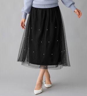 alotta（アロッタ）の「上品パール付きチュールスカート（ロングスカート）」｜ブラック