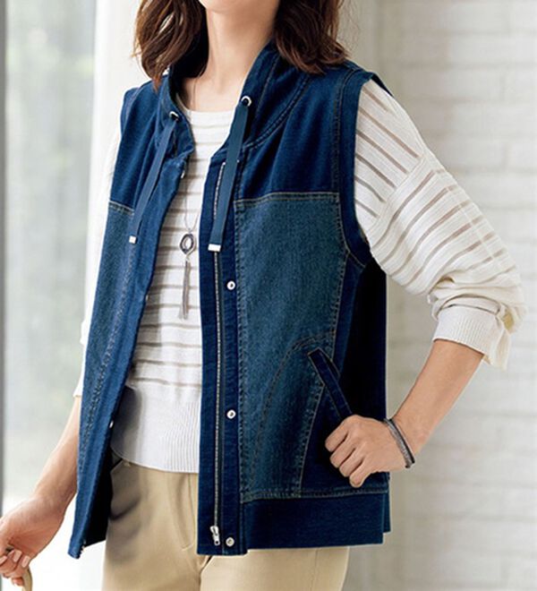 ルフラン（ルフラン）の「デニム切替ベスト（ベスト）」｜ブルー