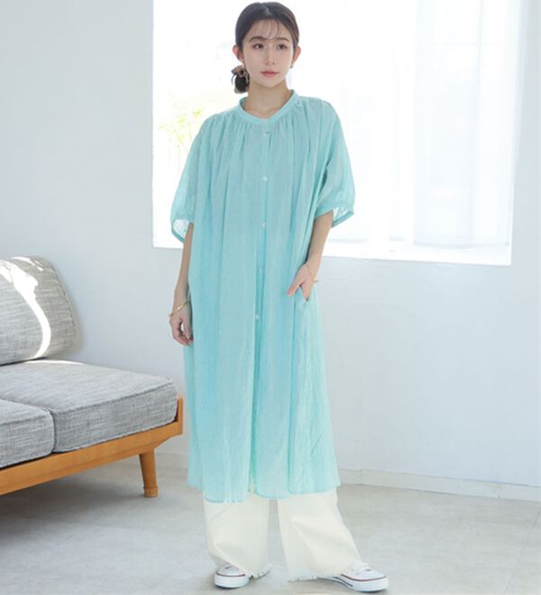 A HAPPY MARILYN（アハッピーマリリン）の「【Ｌ～６Ｌ】【風通るプレミアム】綿１００％ 楊柳 五分袖 ギャザーたっぷりワンピース（カットソーワンピース）」｜詳細画像