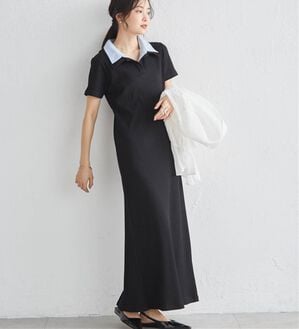 RANAN（ラナン）の「ダブルカラーリブワンピース（カットソーワンピース）」｜ブラック系