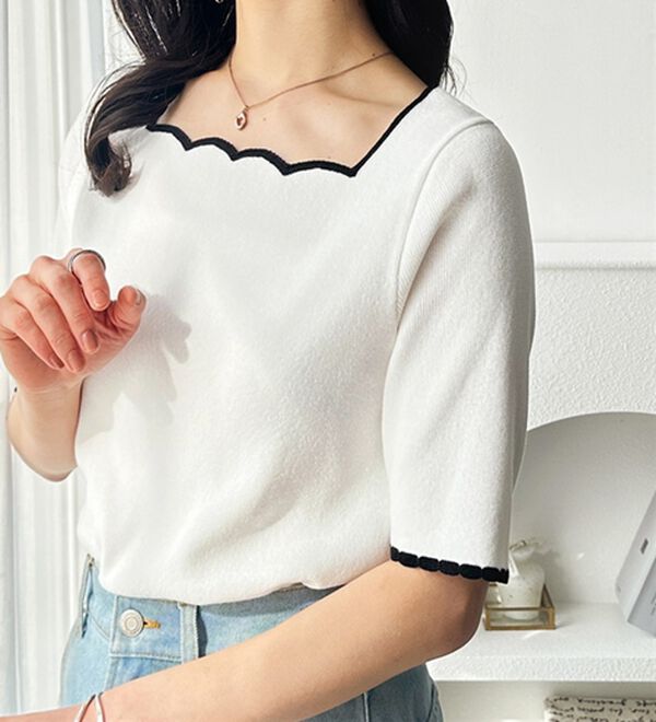 GeeRA（ジーラ）の「配色スカラップ５分袖ニット（ニット・セーター）」｜詳細画像