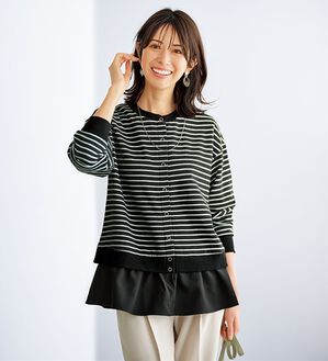 BELLUNA（ベルーナ）の「裏起毛素材ドッキングカーディガン（その他カーディガン）」｜黒ボーダー