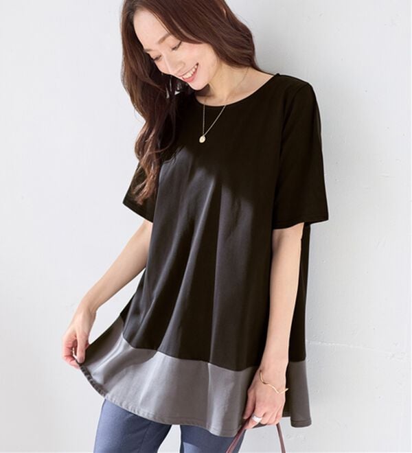 Viola e Viola（ヴィオラ エ ヴィオラ）の「【接触冷感】なめらか上品カットソー配色切替Ａラインチュニック（チュニック）」｜ブラック