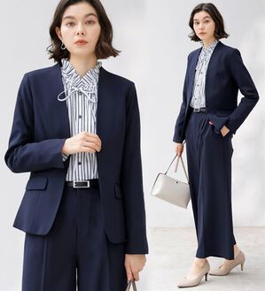GeeRA（ジーラ）の「【2点セット】選べるボトム！洗えて型くずれしないノーカラージャケットパンツスーツセット（パンツスーツ）」｜ワイドパンツ/ネイビー