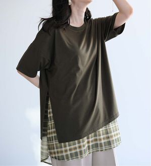 RANAN（ラナン）の「チェック柄異素材使いTシャツ（カットソー）」｜カーキ系