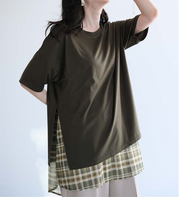 RANAN（ラナン）の「チェック柄異素材使いTシャツ（カットソー）」｜カーキ系