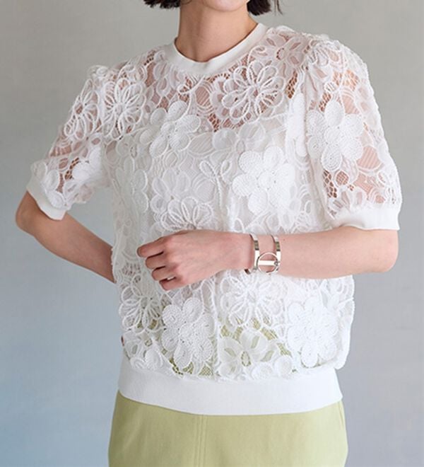 【美品】ビアズリー　カットソー　刺繍レース　カットワーク　プルオーバー　花柄　F 花柄立体レースリブ切替プルオーバー - ベルーナ【公式】