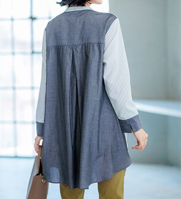 BELLUNA（ベルーナ）の「ストライプ&times;異素材切替シャツチュニック（チュニック）」｜詳細画像