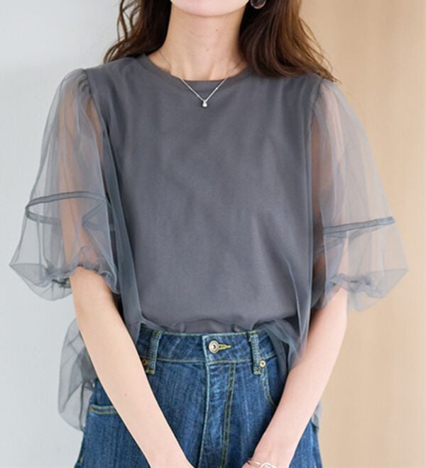 RANAN（ラナン）の「【ひんやり】チュールレイヤードパフスリーブTシャツ（カットソー）」｜詳細画像
