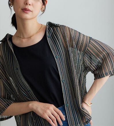 BELLUNA（ベルーナ）の「ラッセル素材マルチストライプシャツ（シャツ）」