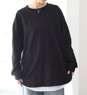 A HAPPY MARILYN（アハッピーマリリン）の「【大きいサイズ】【Ｌ～８Ｌ】綿１００％裾魅せラウンドヘムＴシャツ（Tシャツ）」｜ブラック