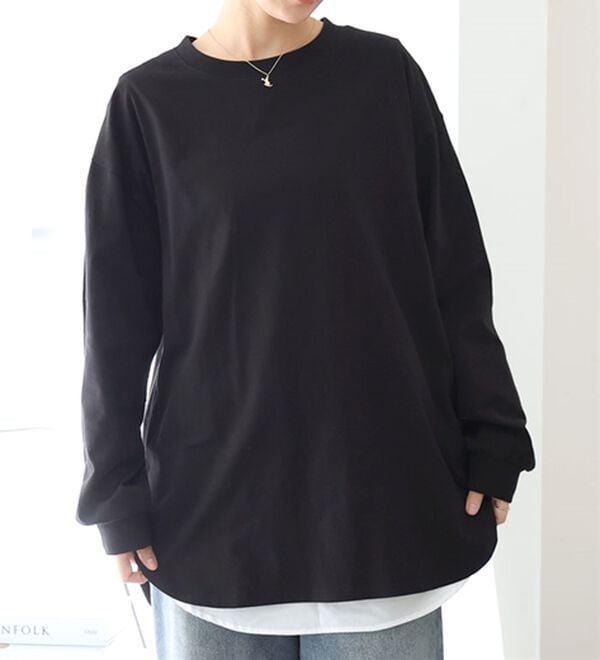 A HAPPY MARILYN（アハッピーマリリン）の「【大きいサイズ】【Ｌ～８Ｌ】綿１００％裾魅せラウンドヘムＴシャツ（Tシャツ）」｜ブラック