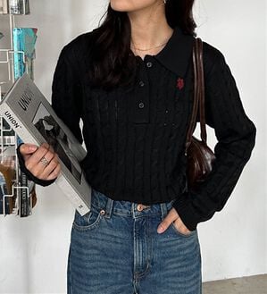 RANAN（ラナン）の「＜Ｕ．Ｓ．Ｐ＞刺繍長袖ケーブルポロニット（ニット・セーター）」｜ブラック