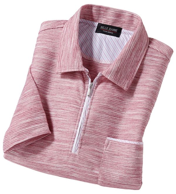 「柔らか素材の涼やかリラックスジップポロ（メンズポロシャツ）」｜ピンク