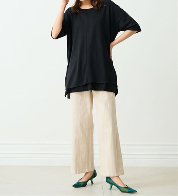 RANAN（ラナン）の「レイヤード風ニットソー半袖チュニック（チュニック）」｜詳細画像