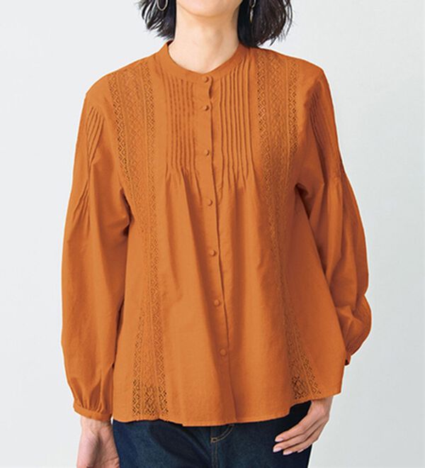 VINNO（ヴィノ）の「綿１００％ピンタック使いレースブラウス（ブラウス）」｜オレンジ