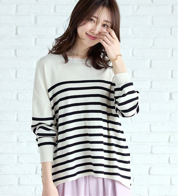 BELLUNA（ベルーナ）の「ゆったりニットプルオーバー（ニット・セーター）」｜オフ白&times;黒