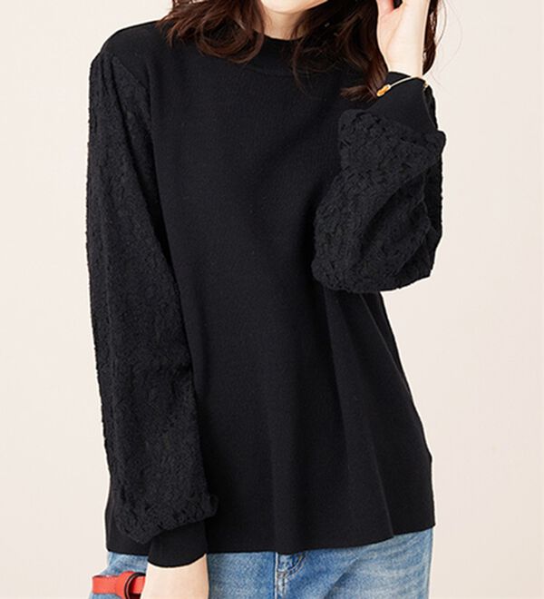 BELLUNA（ベルーナ）の「袖起毛レースニットプルオーバー（ニット・セーター）」｜黒