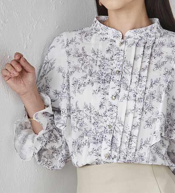 RANAN（ラナン）の「ピンタックフレアー長袖ブラウス（ブラウス）」｜ホワイト(花)