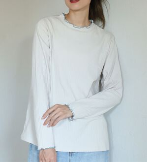 A HAPPY MARILYN（アハッピーマリリン）の「【Ｌ～６Ｌ／選べるネック】脱ピタ！綿混メロウリブトップス（カットソー）」｜ライトグレー&times;ブルー