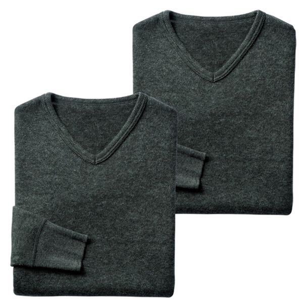 「【2枚組】日本製 ３重奏のぬくもりエア３インナー（メンズ肌着・インナーウェア）」｜杢チャコール 長袖Ｖ首