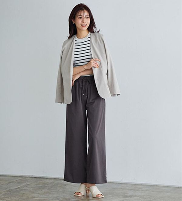 Pierrot（ピエロ）の「【選べる丈】ストレッチツイルワイドパンツ（ワイドパンツ・ガウチョ）」｜詳細画像