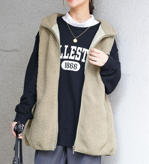 A HAPPY MARILYN（アハッピーマリリン）の「【Ｌ～８Ｌ】大きいサイズの企画者が作りました！ほんのりＡラインでお腹周りゆったりボアベスト（ベスト）」｜ライトカーキ