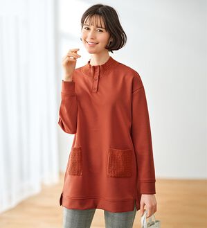 BELLUNA（ベルーナ）の「なめらかタッチ！もっちりんニット切替プルオーバー（チュニック）」｜レッドオレンジ