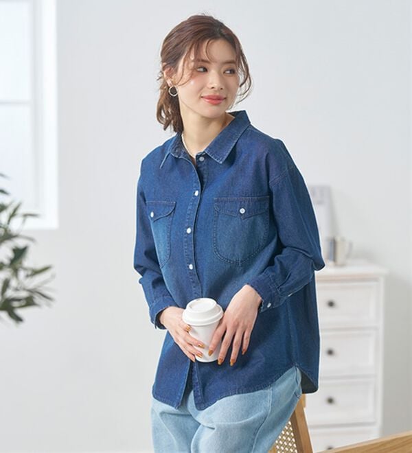 BELLUNA（ベルーナ）の「綿１００％ブラスト加工デニムシャツ（シャツ）」｜詳細画像