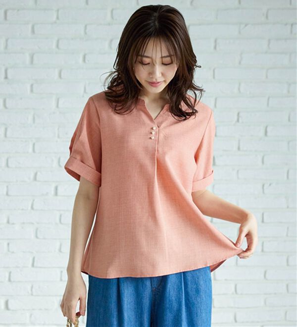 BELLUNA（ベルーナ）の「麻調合繊パール付タックデザインブラウス（ブラウス）」｜詳細画像