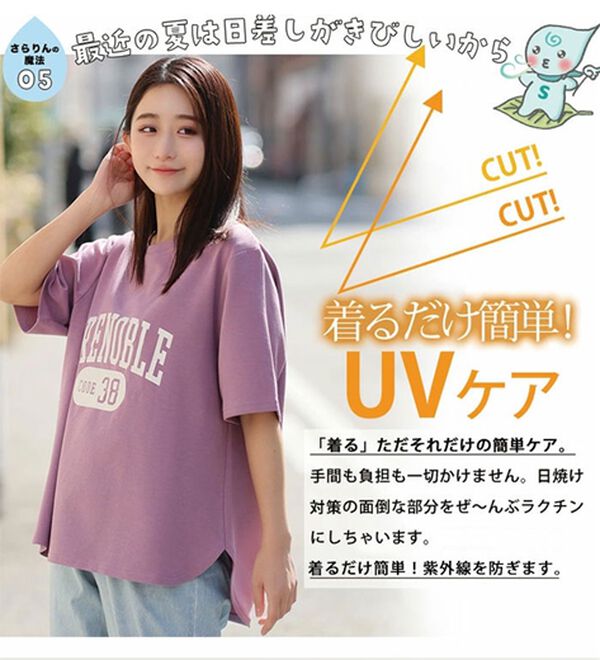 A HAPPY MARILYN（アハッピーマリリン）の「【Ｍ～８Ｌ】【接触冷感・ＵＶ対策】カレッジプリント裾ラウンドＴシャツ（Tシャツ）」｜詳細画像