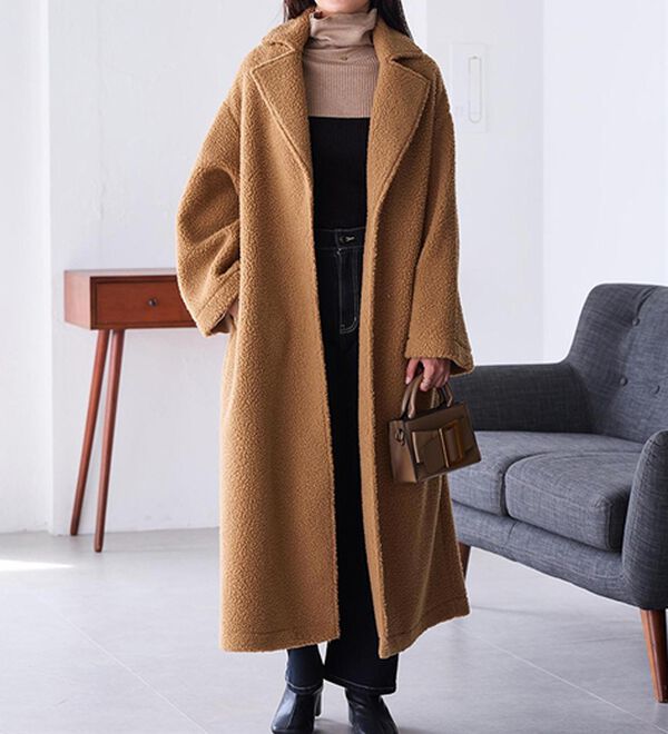 本物✩ムートンコート✩ハイグレード✩柔らか✩軽い✩ファーコート✩ベージュ系 ムートンライクボアロングコート - ベルーナ【公式】