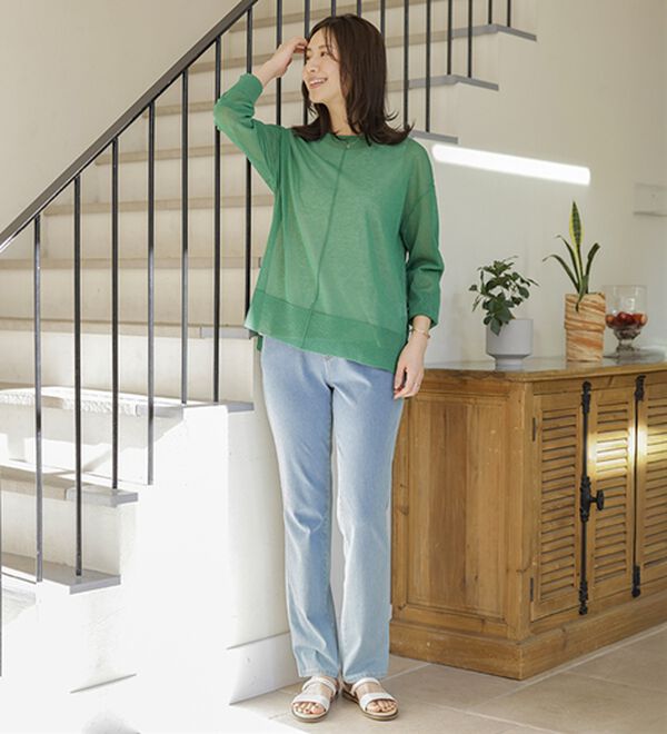 BELLUNA（ベルーナ）の「【チラシ掲載】ヒンヤリ快適！接触冷感ニットデニムパンツ（フルレングスパンツ）」｜詳細画像