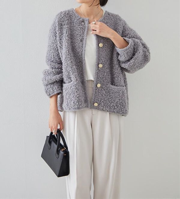 RANAN（ラナン）の「ゴールド調ボタンループ編みニットジャケット（ニットカーディガン）」｜詳細画像