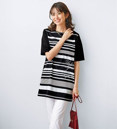 BELLUNA（ベルーナ）の「綿１００％夏映えボーダー&times;ロゴチュニック（チュニック）」