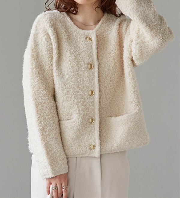 RANAN（ラナン）の「ゴールド調ボタンループ編みニットジャケット（ニットカーディガン）」｜詳細画像