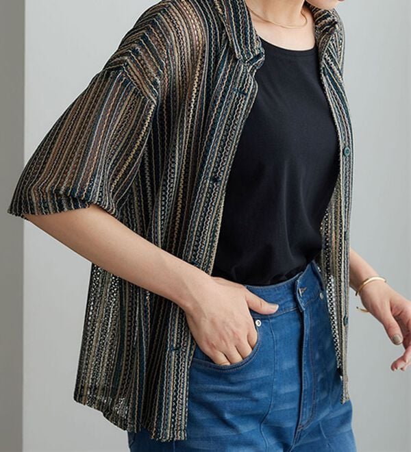 BELLUNA（ベルーナ）の「ラッセル素材マルチストライプシャツ（シャツ）」｜詳細画像