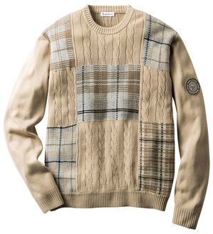 「＜ハッシュパピー＞パッチワークケーブルセーター（メンズニット・セーター）」｜ベージュ