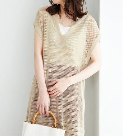 BELLUNA（ベルーナ）の「麻調ニット素材透かし編ロングベスト（ベスト）」