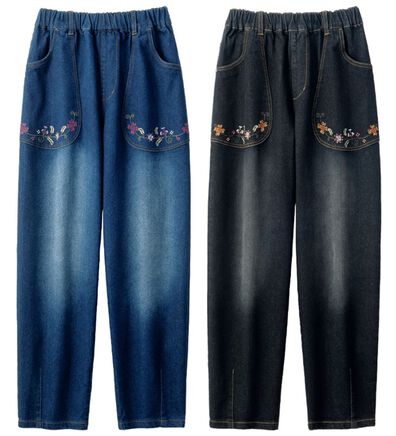 ルフラン（ルフラン）の「【２本組】気まぐれ刺しゅうの花うたデニム（フルレングスパンツ）」