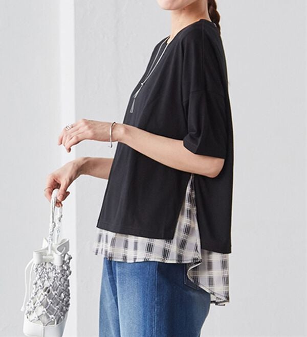 RANAN（ラナン）の「チェック柄異素材使いTシャツ（カットソー）」｜詳細画像