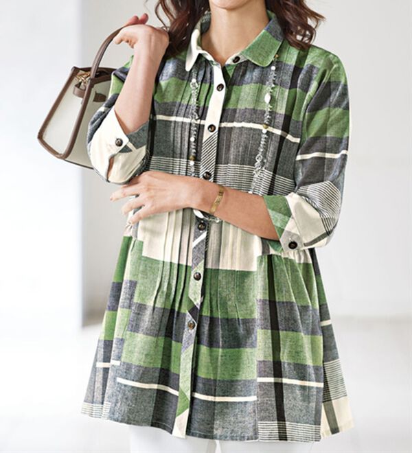 BELLUNA（ベルーナ）の「綿麻先染チェックオーバーブラウス（チュニック）」｜詳細画像