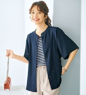 BELLUNA（ベルーナ）の「【快適Ｌａｂ．】お手入れ楽々ビンテージ調素材ブラウス（ブラウス）」｜ネイビー