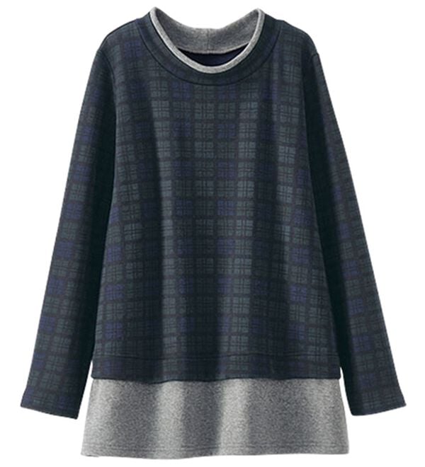 BELLUNA（ベルーナ）の「まるで着る毛布！静電防止付裏ファー重ね着風プルオーバー（カットソー）」｜ブラックウォッチ