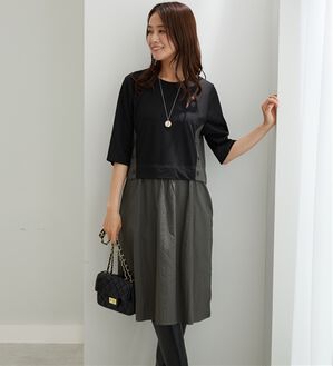 BELLUNA（ベルーナ）の「異素材切替ボタン使い配色ワンピース（その他ワンピース）」｜黒&times;チャコール