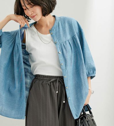 BELLUNA（ベルーナ）の「ダブルガーゼ素材切替デザインブラウス（ブラウス）」