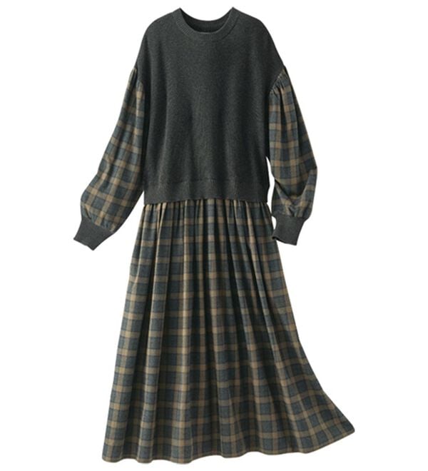 BELLUNA（ベルーナ）の「＜＆ｃｏｃｏｃｈｉ＞ニット切替チェック柄ワンピース（ドッキングワンピース）」｜詳細画像