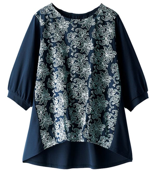 BELLUNA（ベルーナ）の「配色花柄刺しゅうブラウス（アンサンブル）」｜ネイビー系